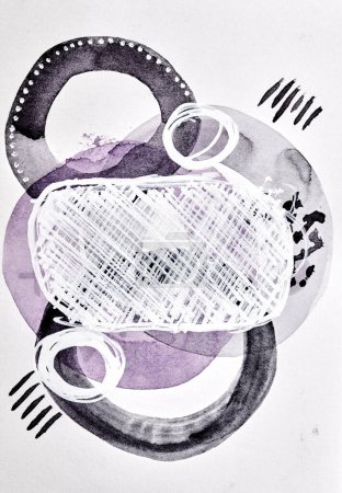 Foto de Fondo abstracto. Tinta acuarela collage de arte multicolor. Manchas de color púrpura lila, manchas y pinceladas de pintura acrílica sobre pape blanco - Imagen libre de derechos