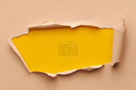 Photo for Frame of ripped paper with torn edges. Window for text with copy space yellow beige colors, shreds of notebook pages. Abstract backgroun - Royalty Free Image
