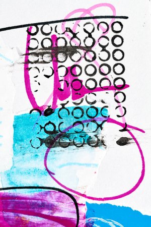 Abstrakter Hintergrund, mehrfarbige Kunstcollage. Kreative Mustergestaltung für Einladungskarten, Postkarten. Zeichenposter, bunte Tapeten. blaue, weiße, lila, schwarze Farben