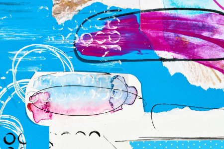 Foto de Fondo abstracto, collage de arte multicolor. Diseño de patrón creativo para la tarjeta de invitación de impresión, postal. Cartel de dibujo, fondo de pantalla de colores. Azul, blanco, púrpura, colores negros - Imagen libre de derechos