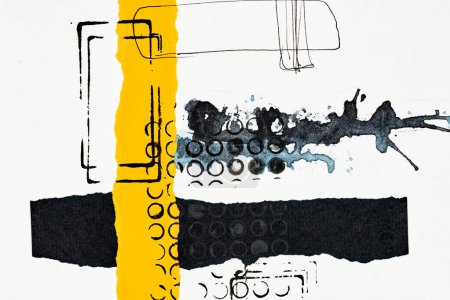 Abstrakter Hintergrund, mehrfarbige Kunstcollage. Kreative Mustergestaltung für Einladungskarten, Postkarten. Zeichenposter, bunte Tapeten. Gelbe, weiße, schwarze Kontrastfarben