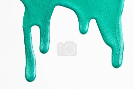 Photo for Acrylic paint blot, chaotic brushstroke, spot flowing on white paper background. Creative green color backdrop, fluid ar - Royalty Free Image