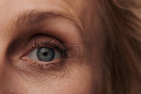 Téléchargez les photos : Gros plan de l "œil bleu de la femme mûre avec des lignes d'expression, premières rides, concept cosmétique anti-âge - en image libre de droit