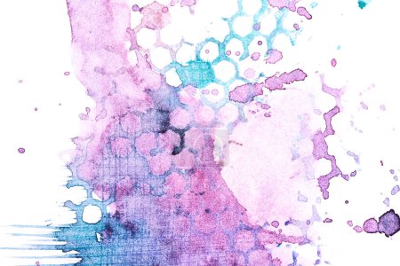 Foto de Fondo púrpura abstracto. Pinceladas multicolores y manchas de pintura sobre papel blanco, fondo contrastante brillante, espina celular de panal - Imagen libre de derechos