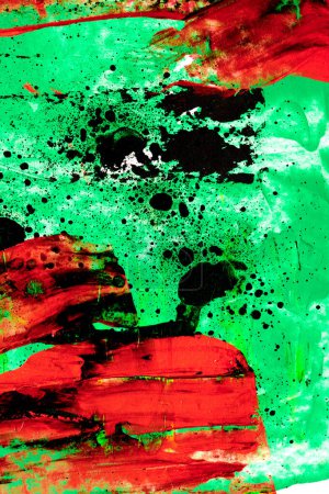 Téléchargez les photos : Fond rouge vert abstrait. Coups de pinceau multicolore et taches de peinture sur papier blanc, fond contrasté lumineux - en image libre de droit