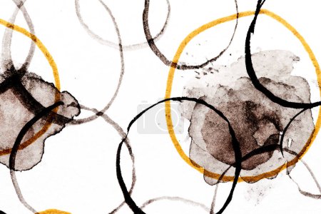 Photo for Abstract background. Black and yellow circles, brush strokes and paint spots on white paper, bright contrasting backdrop - Royalty Free Image
