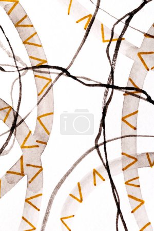 Foto de Fondo abstracto. Líneas rectas y curvas negras y amarillas de pintura sobre papel blanco, fondo contrastante brillante - Imagen libre de derechos