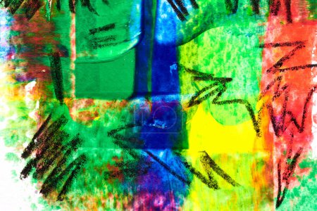 Foto de Fondo abstracto, collage de arte brillante multicolor. Diseño del patrón para la tarjeta de invitación impresa, postal. Dibujo con lápices de cera cartel, fondo de pantalla de colores, imagen de los niños - Imagen libre de derechos