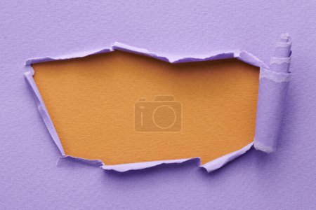 Photo for Frame of ripped paper with torn edges. Window for text with copy space lilac brown colors, shreds of notebook pages. Abstract backgroun - Royalty Free Image