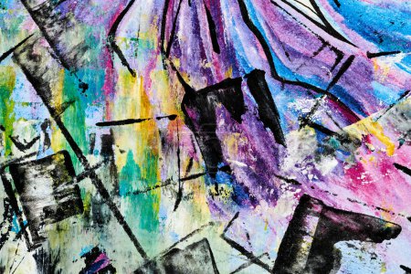 Foto de Fondo abstracto, collage de arte multicolor. Diseño de patrón creativo para la tarjeta de invitación de impresión, postal. Cartel de dibujo, fondo de pantalla de colores. Azul, púrpura, rosa, colores negros - Imagen libre de derechos