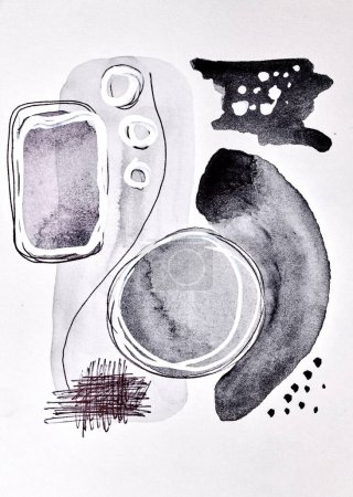 Photo for Abstract background. Watercolor ink multicolor art collage. Black gray stains, blots and brush strokes of acrylic paint on white pape - Royalty Free Image