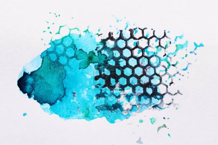Photo for Abstract blue green background. Multicolor brush strokes and paint spots on paper, bright contrasting background, honeycomb cellular print - Royalty Free Image