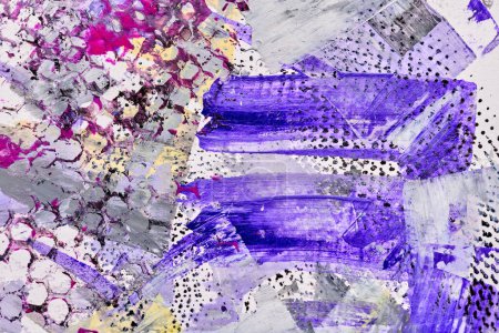 Photo for Abstract purple background. Multi-color brush strokes and paint spots on white paper, bright contrasting background, honeycomb cellular prin - Royalty Free Image