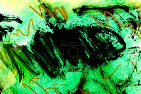 Photo for Abstract green purple background. Black brush strokes and paint spots on white paper, bright contrasting background - Royalty Free Image