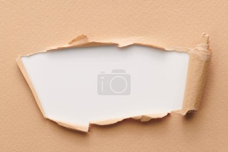 Photo for Frame of ripped paper with torn edges. Window for text with copy space beige white colors, shreds of notebook pages. Abstract backgroun - Royalty Free Image