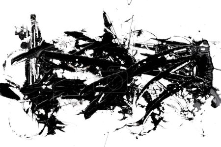 Photo for Acrylic paint blot, chaotic brushstroke, spot flowing on white paper background. Creative black color backdrop, fluid ar - Royalty Free Image