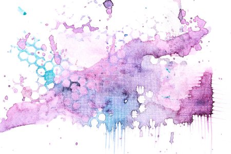 Photo for Abstract purple background. Multi-color brush strokes and paint spots on white paper, bright contrasting background, honeycomb cellular prin - Royalty Free Image