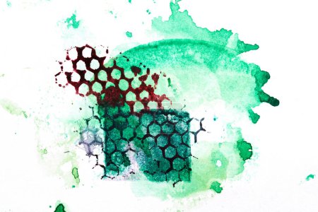 Photo for Abstract green background. Multicolor brush strokes and paint spots on paper, bright contrasting background, honeycomb cellular print - Royalty Free Image