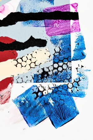 Foto de Fondo abstracto, collage de arte multicolor. Diseño de patrón creativo para la tarjeta de invitación de impresión, postal. Cartel de dibujo, fondo de pantalla de colores. Azul, blanco, púrpura, colores negros - Imagen libre de derechos