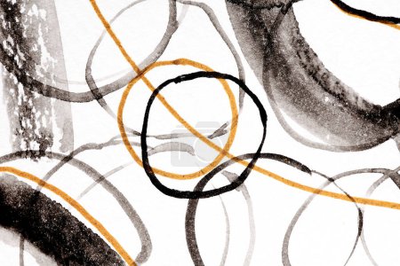 Foto de Fondo abstracto. Círculos negros y amarillos, pinceladas y manchas de pintura sobre papel blanco, fondo contrastante brillante - Imagen libre de derechos