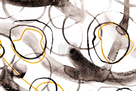 Foto de Fondo abstracto. Círculos negros y amarillos, pinceladas y manchas de pintura sobre papel blanco, fondo contrastante brillante - Imagen libre de derechos