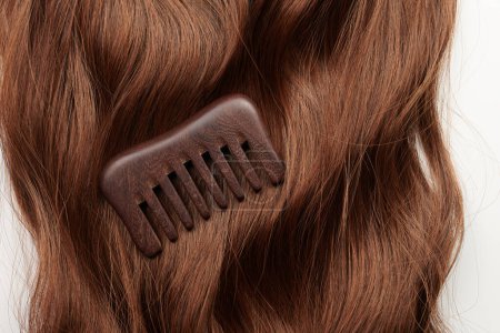Téléchargez les photos : Boucles de cheveux bruns et un peigne en bois sur fond blanc, soins des cheveux, concept de salon de beauté - en image libre de droit