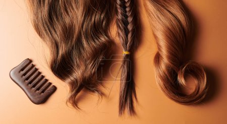 Téléchargez les photos : Boucles de cheveux bruns et un peigne en bois sur un fond orange, soins des cheveux, concept de salon de beauté - en image libre de droit
