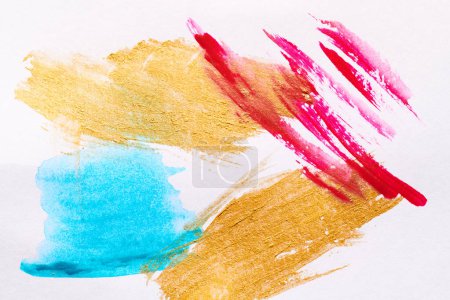 Foto de Fondo abstracto multicolor, manchas de pintura acuarela, líneas y pinceladas sobre papel blanco, tinta contrastante brillante, póster de dibujo - Imagen libre de derechos