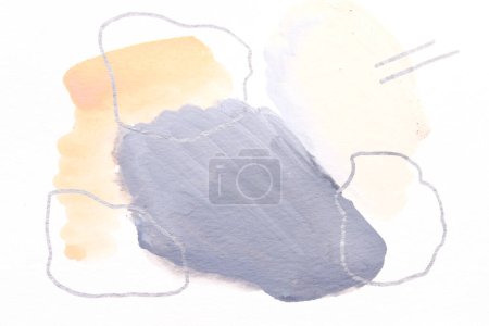 Foto de Fondo abstracto multicolor, manchas de pintura acuarela, líneas y puntos sobre papel blanco, tinta gris, póster de dibujo - Imagen libre de derechos