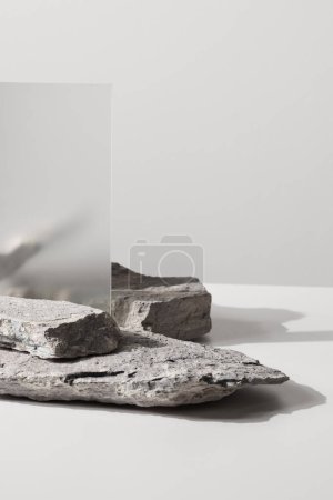 Photo for Flat stone pedestal on white background, textured template for mock-up, banner. Minimalism concept, empty podium display product, presentation scene - Royalty Free Image