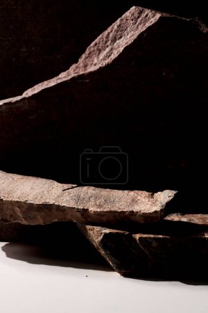 Photo for Brown stone pedestal background, template banner. Minimalism concept, empty podium display, natural product, presentation scene - Royalty Free Image
