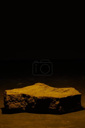 Photo for Flat stone pedestal in yellow neon light template banner background. Minimalism concept, empty podium display product, presentation scene - Royalty Free Image
