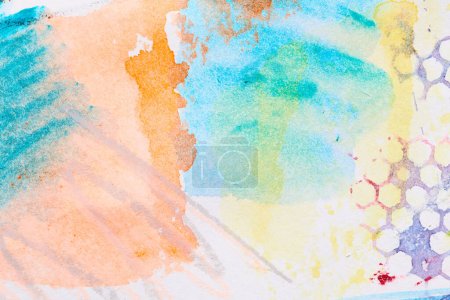 Téléchargez les photos : Fond abstrait multicolore, taches de peinture à l'aquarelle, lignes et traits de pinceau sur papier blanc, encre contrastée brillante, affiche de dessin - en image libre de droit