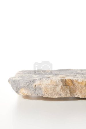 Photo for Flat stone pedestal on white background, textured template for mock-up, banner. Minimalism concept, empty podium display product, presentation scene - Royalty Free Image