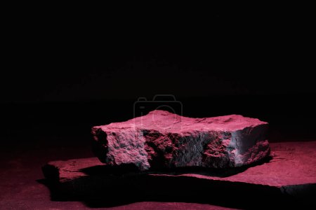 Photo for Flat stone pedestal in pink neon light template banner background. Minimalism concept, empty podium display product, presentation scene - Royalty Free Image