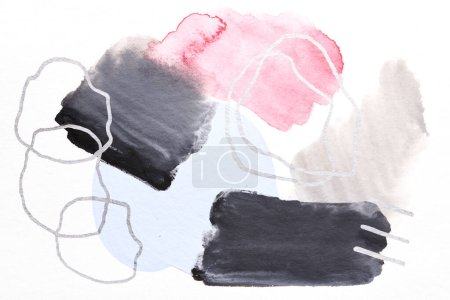 Multicolor abstract background, watercolor paint blots, lines and brush strokes on white paper, bright contrasting ink, drawing poster