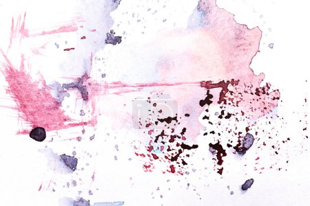 Foto de Fondo abstracto multicolor, manchas de pintura acuarela, líneas y puntos sobre papel blanco, tinta lila, póster de dibujo - Imagen libre de derechos