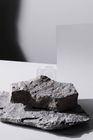 Photo for Flat stone pedestal and rectangular glass, black and white template, banner background. Minimalism concept, empty podium display product, presentation scene - Royalty Free Image
