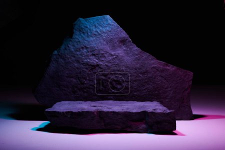 Photo for Flat stone pedestal in pink blue neon light template banner background. Minimalism concept, empty podium display product, presentation scene - Royalty Free Image