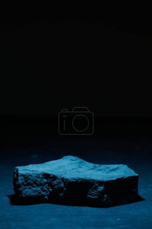 Photo for Flat stone pedestal in blue neon light template banner background. Minimalism concept, empty podium display product, presentation scene - Royalty Free Image