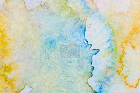 Photo for Abstract liquid art background. Blue yellow watercolor translucent blots on white pape - Royalty Free Image