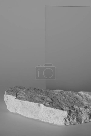 Photo for Flat stone pedestal, black and white template, banner background. Minimalism concept, empty podium display product, presentation scen - Royalty Free Image