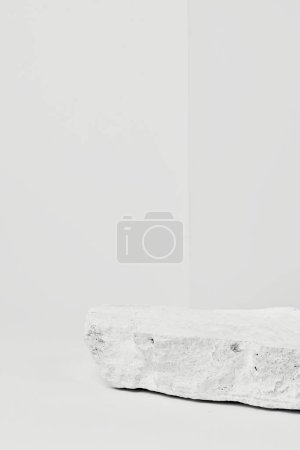 Photo for Flat stone pedestal, white template, banner background. Minimalism concept, empty podium display product, presentation scen - Royalty Free Image