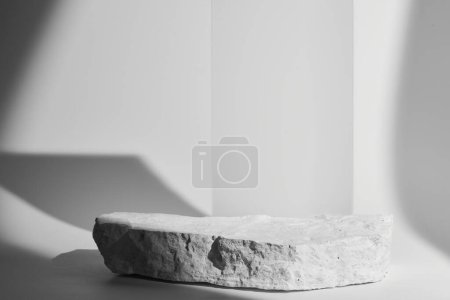 Photo for Flat stone pedestal, black and white template, banner background. Minimalism concept, empty podium display product, presentation scen - Royalty Free Image