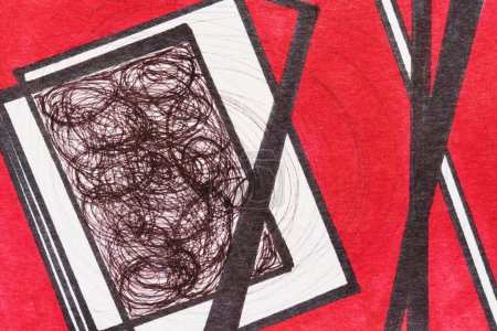 Foto de Fondo abstracto rojo, collage artístico. Líneas gráficas y formas geométricas negras sobre papel blanco - Imagen libre de derechos