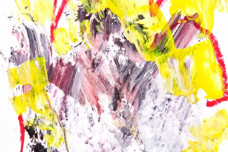 Foto de Fondo abstracto amarillo y rojo, collage artístico. Manchas, pinceladas, líneas y manchas sobre papel blanco - Imagen libre de derechos
