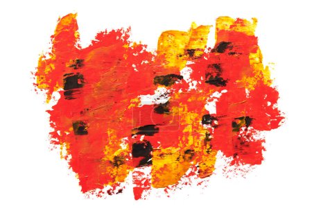 Foto de Fondo abstracto rojo y amarillo, collage artístico. Pinceladas caóticas y manchas de pintura sobre papel blanco - Imagen libre de derechos