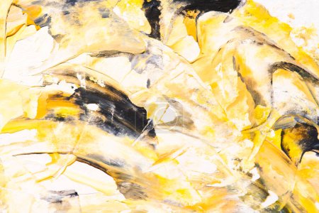 Foto de Fondo abstracto amarillo y negro, collage artístico. Manchas, pinceladas, líneas y manchas sobre papel blanco - Imagen libre de derechos