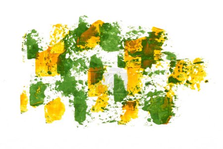 Foto de Fondo abstracto amarillo y verde, collage artístico. Manchas, pinceladas, líneas y manchas sobre papel blanco - Imagen libre de derechos