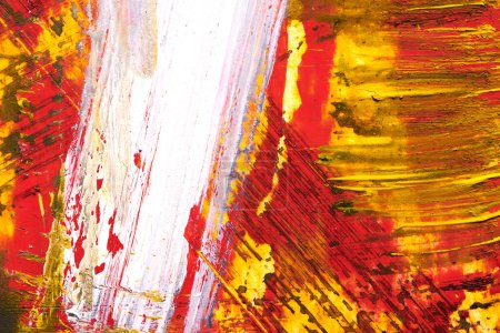 Téléchargez les photos : Fond abstrait jaune et rouge, collage artistique. taches, traits de peinture, lignes et taches sur papier blanc - en image libre de droit